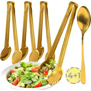 4 Pack Gold 9 Inch Serving Tongs Set with Serving Spoon, Stainless Steel Serving Utensils for Buffet, Catering, Party and Kitchen
