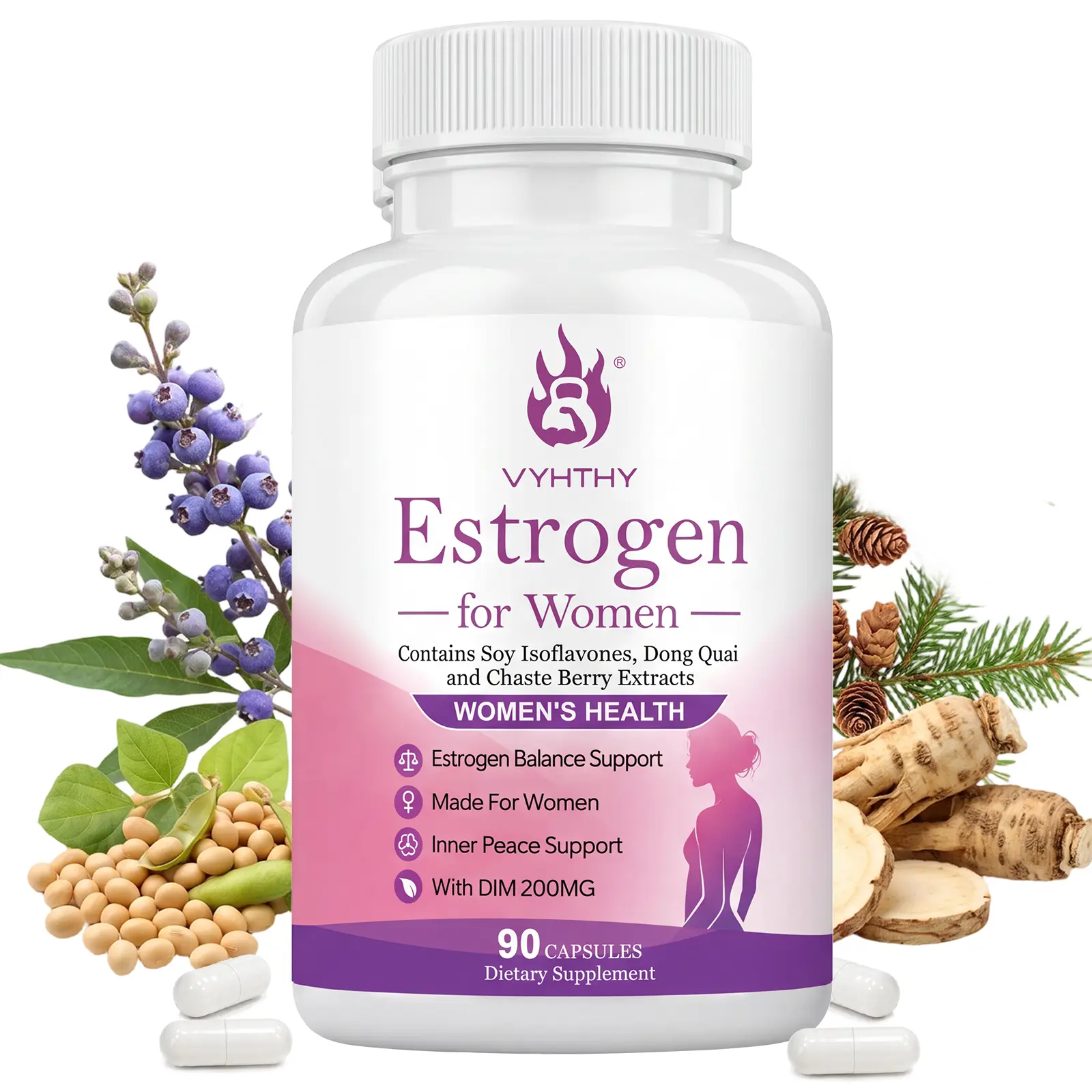 VYHTHY Estrogen Supplement for Women with DIM 200mg, Soy Isoflavones, Dong Quai & Chasteberry - Natural Hormone Balance, Menopause Relief, Stable Mood & Energy Support - 90 Capsules (45-Day Supply)