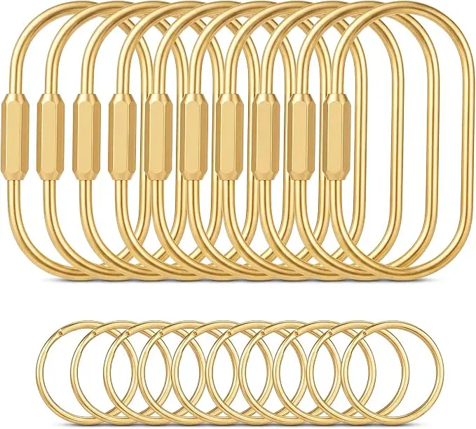 10-Pack O-Ring Shape Gold Brass Key Rings with Secure Lock Screw Carabiner Clips - Keychain Organizer for Kitchen Utensil Keys, Bag Charms, Secure Locks