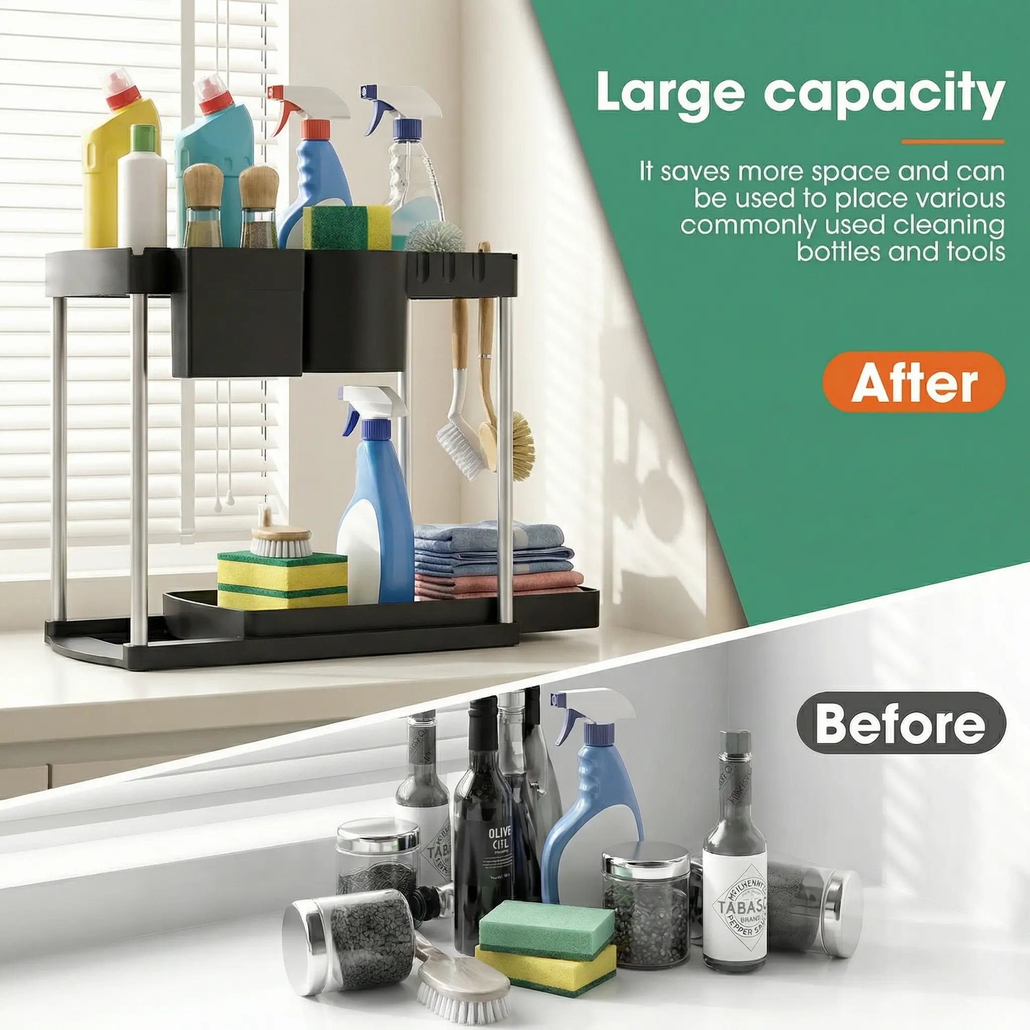 Sturdy Rectangle Plastic Desk Organizer Rack - Multi-Tier Storage with Anchor Holes, Sliding Drawer, Storage Cup, Utensil Hooks, Drain Tray, 50lb Capacity, Under Sink Organizer (Sink Org) for Office Spice Bottles, Kitchen Home Supplies
