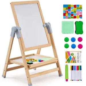 Art Easel for Kids, 2-in-1 Wooden Double-Sided Kid's Art Easel with Magnetic Whiteboard & Chalkboard, Adjustable Standing Rotatable Foldable Drawing Board with Painting Accessories for Boy Girl