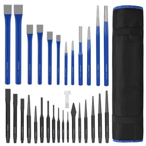 WORKPRO 30 PCS Heavy Duty Punch and Chisel Set with Roll Pouch, Cold & Cape Chisel, Center, Pin & Taper Punch, and Gauge, Blackened and Painted Finish for Durability