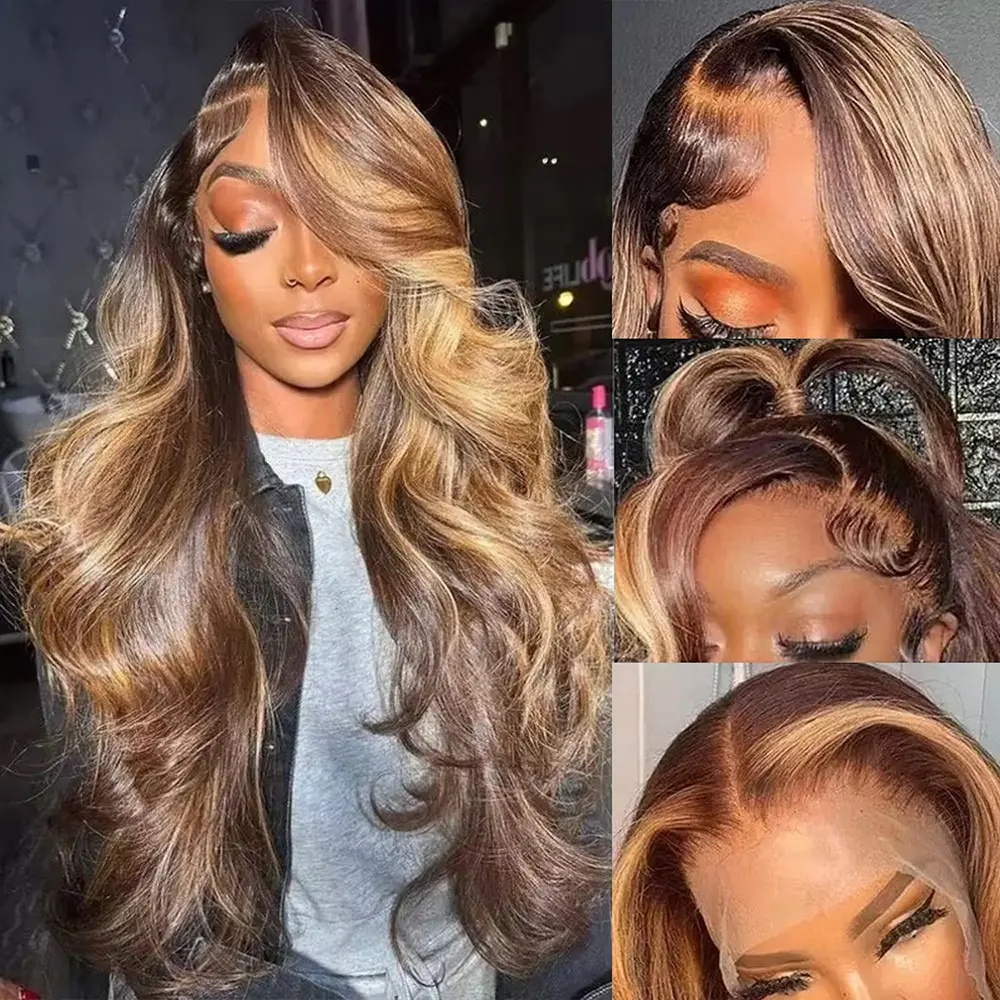 Cute Bein 13x6 Ombre Highlight Lace Front Wigs Human Hair with Baby Hair 180 Density P4/27 Honey Blonde Body Wave Lace Frontal Human Hair Wigs