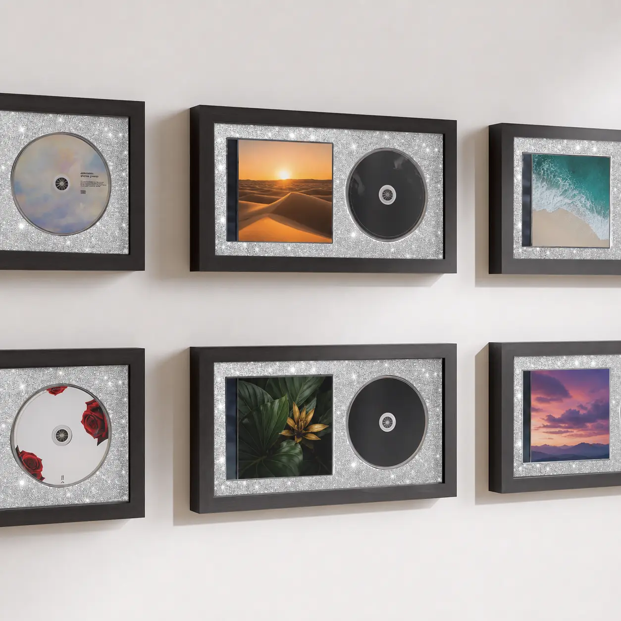 CD Display Frame for Album Cover & Disc, Glitter Wall Decor Gift for Music Lovers