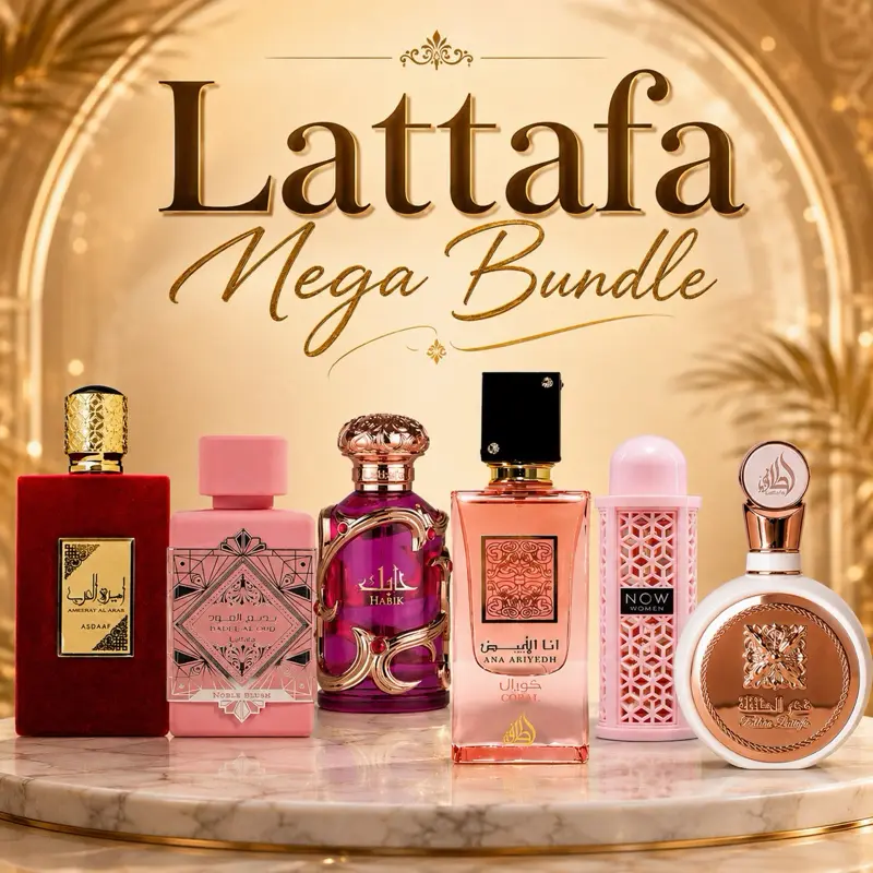 Lattafa Women's Mega EDP Spray Bundle (3.4 Oz Each) - Nobel Blush, Ameerat Al Arab, Habik, Coral, Yara Candy, Fakhar Women