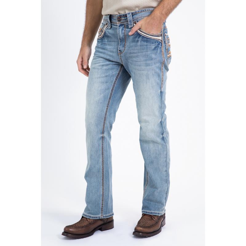 Platini Holt Men's Light Blue Brown Slim Boot Cut Jeans