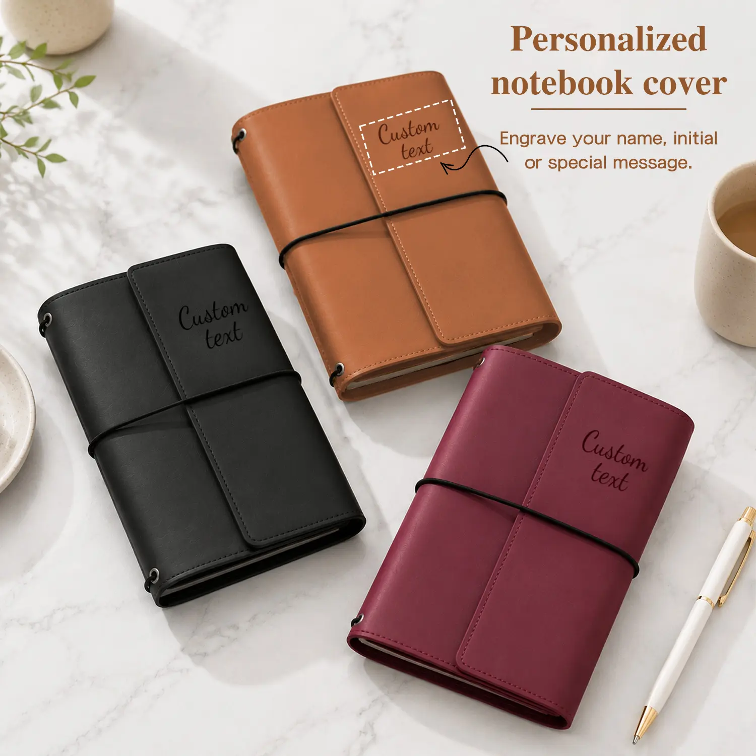 A5 Leather Notebook Cover, Custom Name Refillable Journal Cover with Elastic Closure, Fits A5 Inserts, Travel Planner Cover