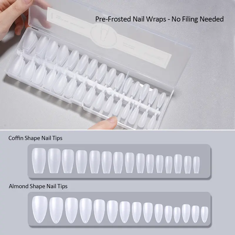 SOWLINK 240pic Pre-Frosted Nail Wraps - No Filing Needed Coffin/Almond Shape Matte Surface Nail Tips, Nail Art Supply, Diy Acrylic Nails, 0–11 Fit Kit