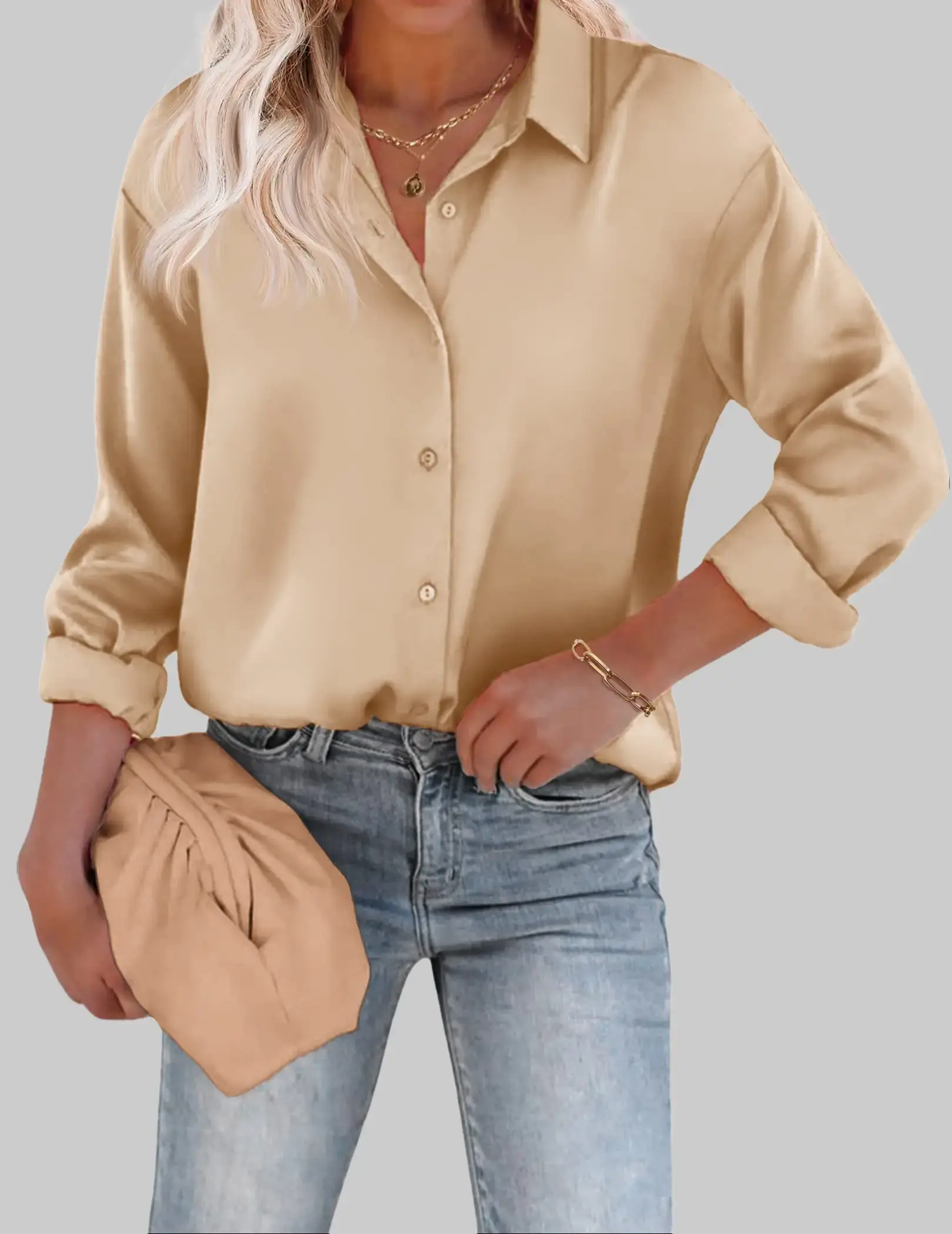 ZEAGOO Women's Modest V-Neck Satin Silk Button-Front Long Sleeve Casual Loose Tunic Top for Islamic Clothing, Office Work Wear