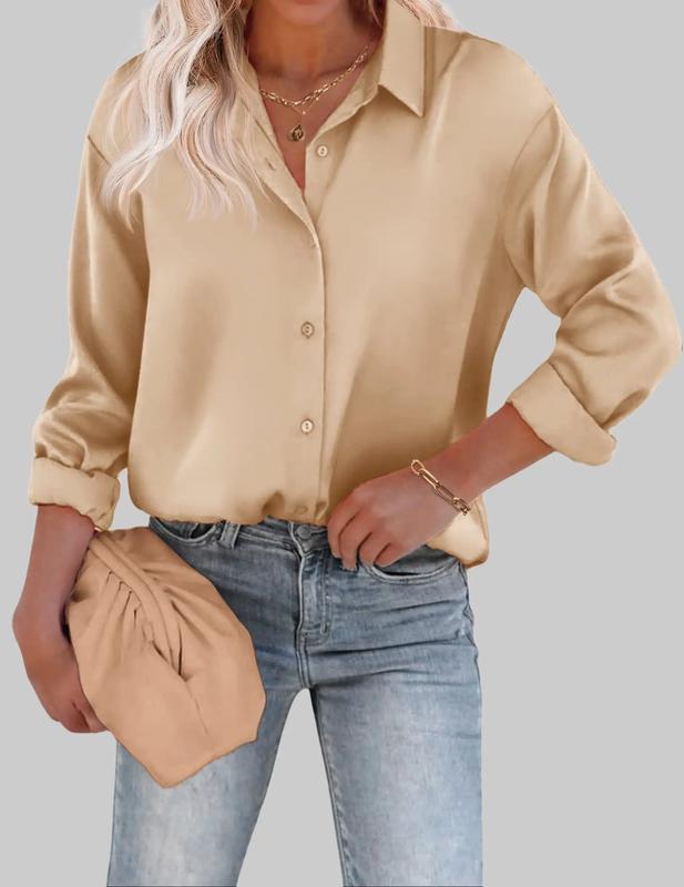 Womens Blouse Satin Silk Shirts Button Down Shirts Casual Loose Long Sleeve Office Work Tunic Tops