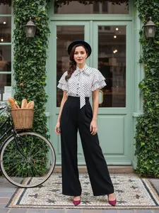 BLACK 1930S POLKA DOTS TIE-NECK JUMPSUIT Overalls Womenswear Fitted Shortsleeve Layered Flare Sleeves Decorative Buttons Ankle Length - Polyester Cotton