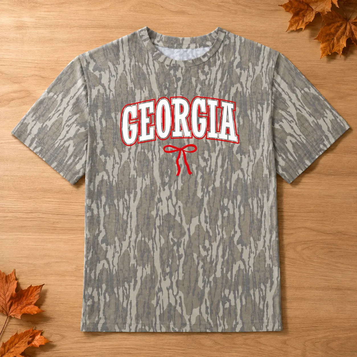 Georgia Camo Bow Graphic T-Shirt, Trendy Coquette Camouflage Tee, Unisex Southern Game Day Shirt, Casual Outdoor Gift for Women