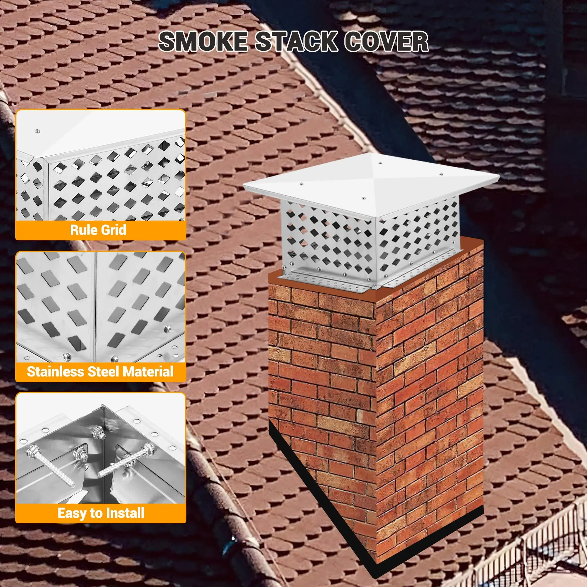 Garvee Chimney Cap,13 in x 13 in Stainless Steel Single Bolt Chimney Fireplace Cover with Practical Accessories & Easy Installation,Waterproof,Mesh Chimney Flue Cover for Protection From Birds, Debris, Rain