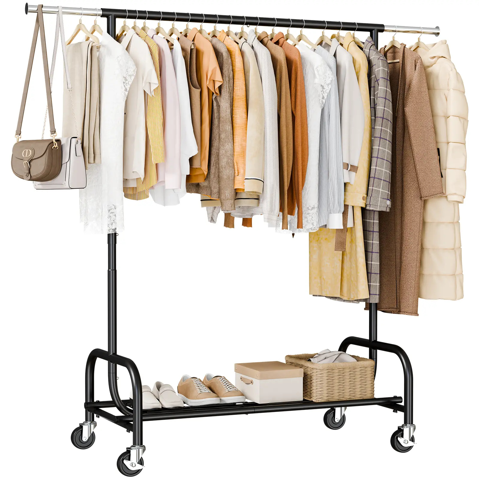 Heavy Duty Adjustable Garment Rack - Extendable Top Rod, Height-Adjustable, Rolling with Lockable Wheels, Large Bottom Mesh Shelf, Freestanding Clothing Organizer for Bedroom, Laundry