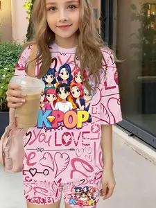 K-Pop Stage Heart Graffiti Cartoon Girl Print Set, Sweet Cool Spice Babe, Slim-Fitting Suit, Cute Style