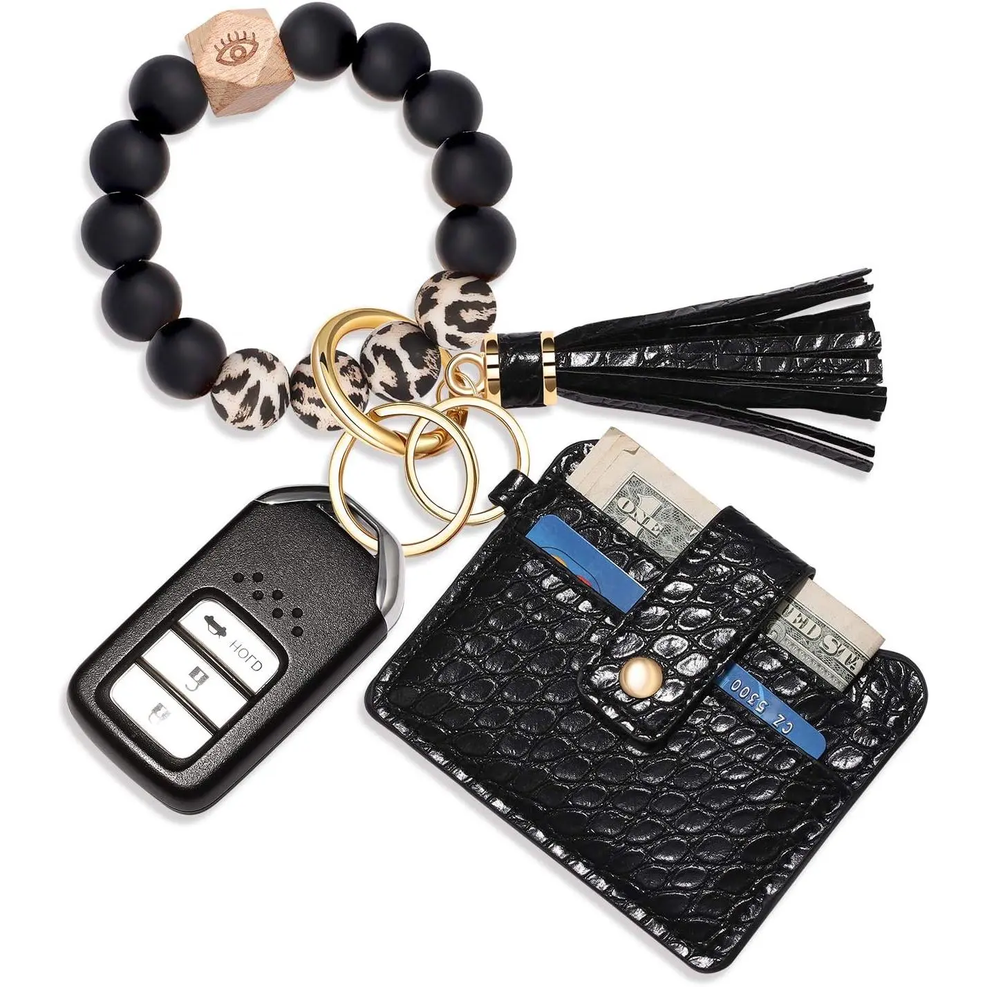 Wristlet Bracelet Keychain Wallet, Silicone Bead House Car Key Ring Pocket Credit Card Holder
