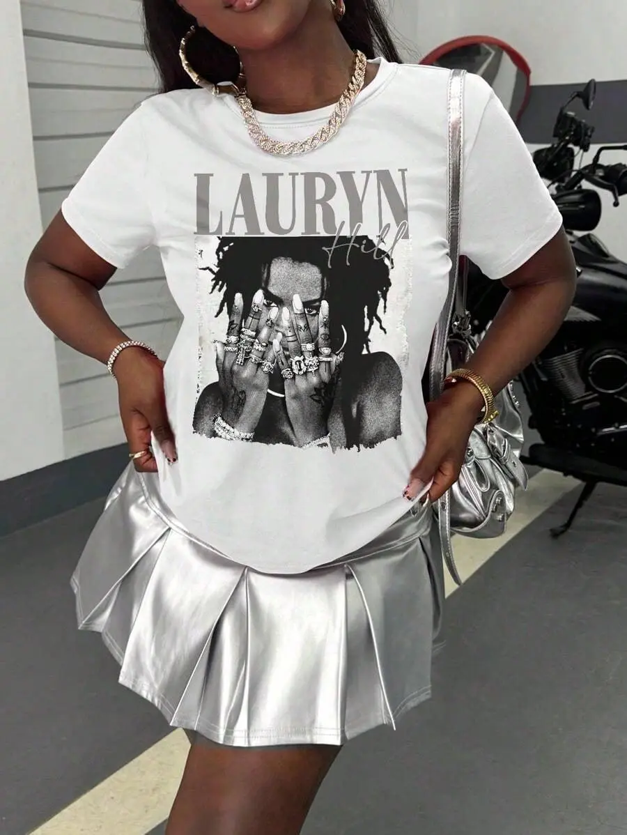 With Ring On Hand -  Cotton Women's T-Shirt/Lauren Hill/Letter Print/Vintage T-Shirt/Women's Casual Loose Round Neck Top/Spring And Summer-Niche Graffiti Prints T-Shirts