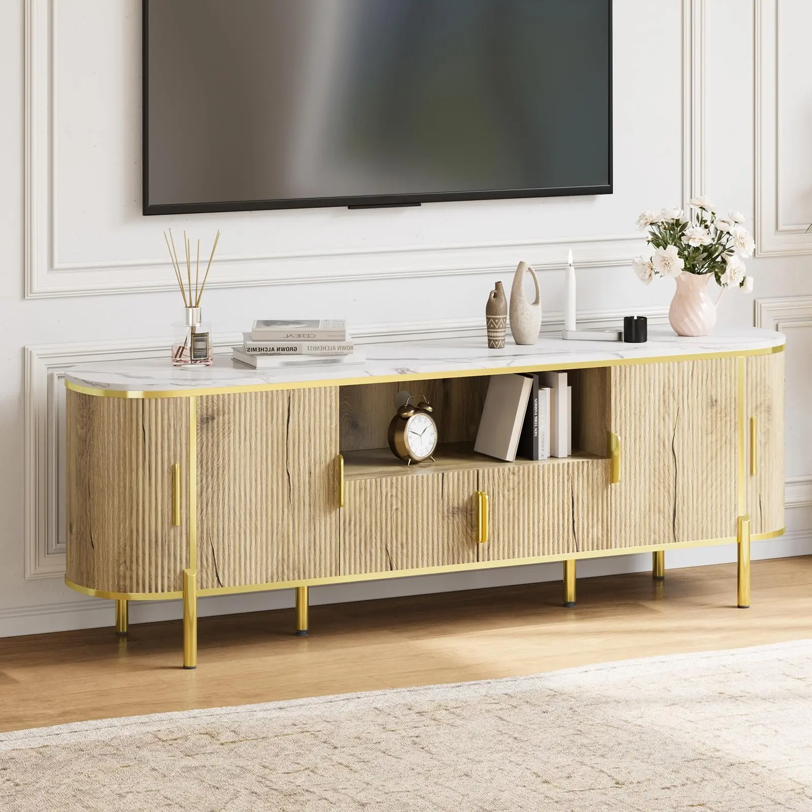 Garvee 70in Fluted TV Stand with Curved Profile Sliding Doors, Faux Marble Top, Adjustable Shelves, and Natural Oak Finish, Fits TVs up to 80" for Stylish Living Room Entertainment