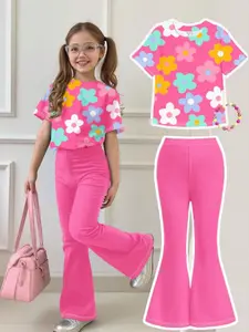Girls Casual Simple Cartoon Pattern Set, Round Neck Short Sleeve Top and Bell Bottom Pants, Summer, All Seasons