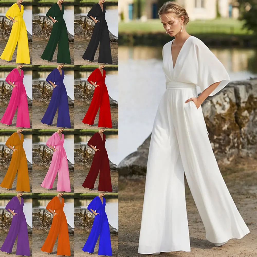 Winter new women's dress jumpsuit popular deep V high waist wide leg trousers