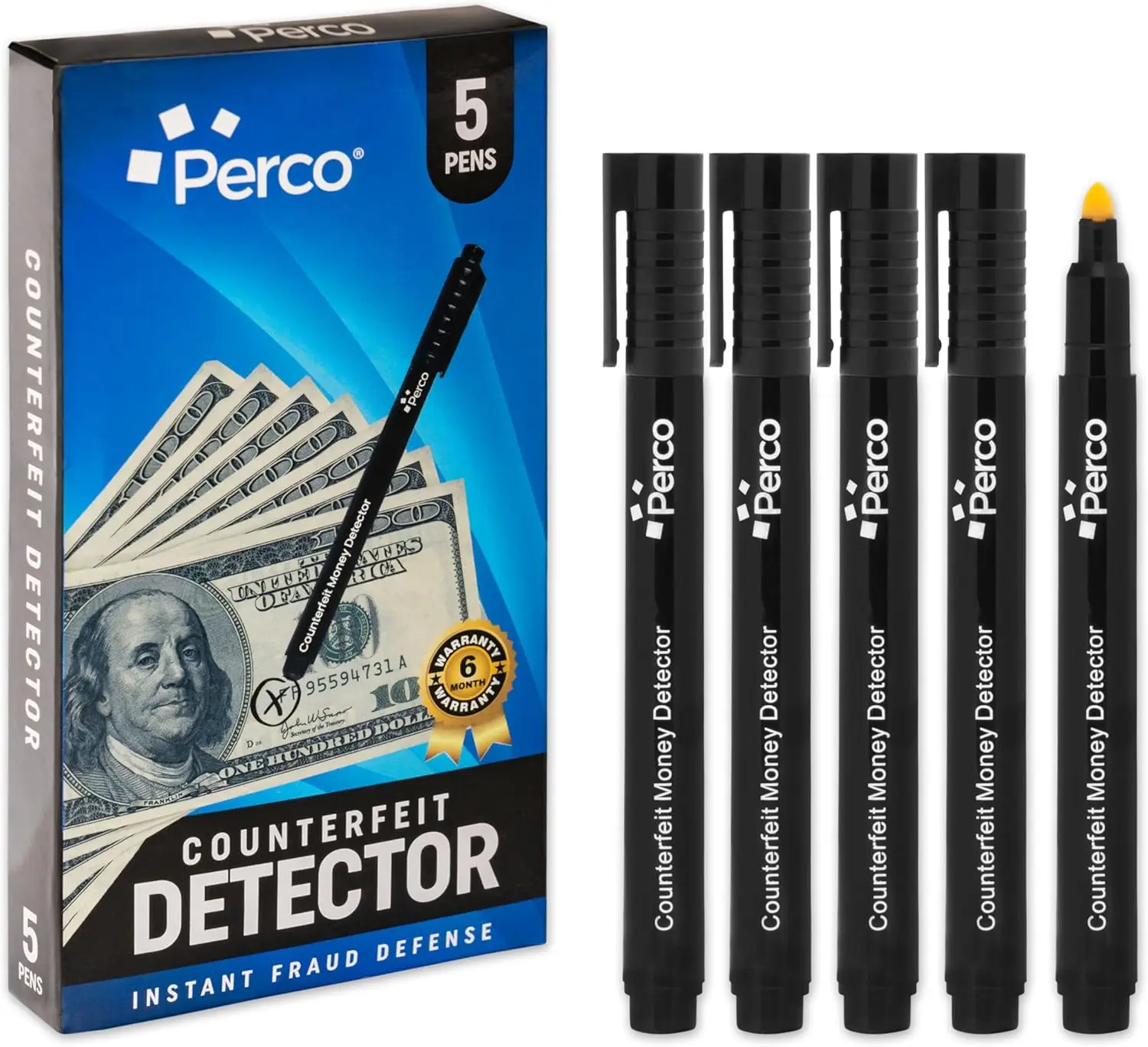 5-Pack Perco Counterfeit Money Detector Pen - Advanced Counterfeit Detection, Black Ink, Quick Verification, Consistent Results for Vendors, Flea Markets - Office Stationery Fake Bill Checker