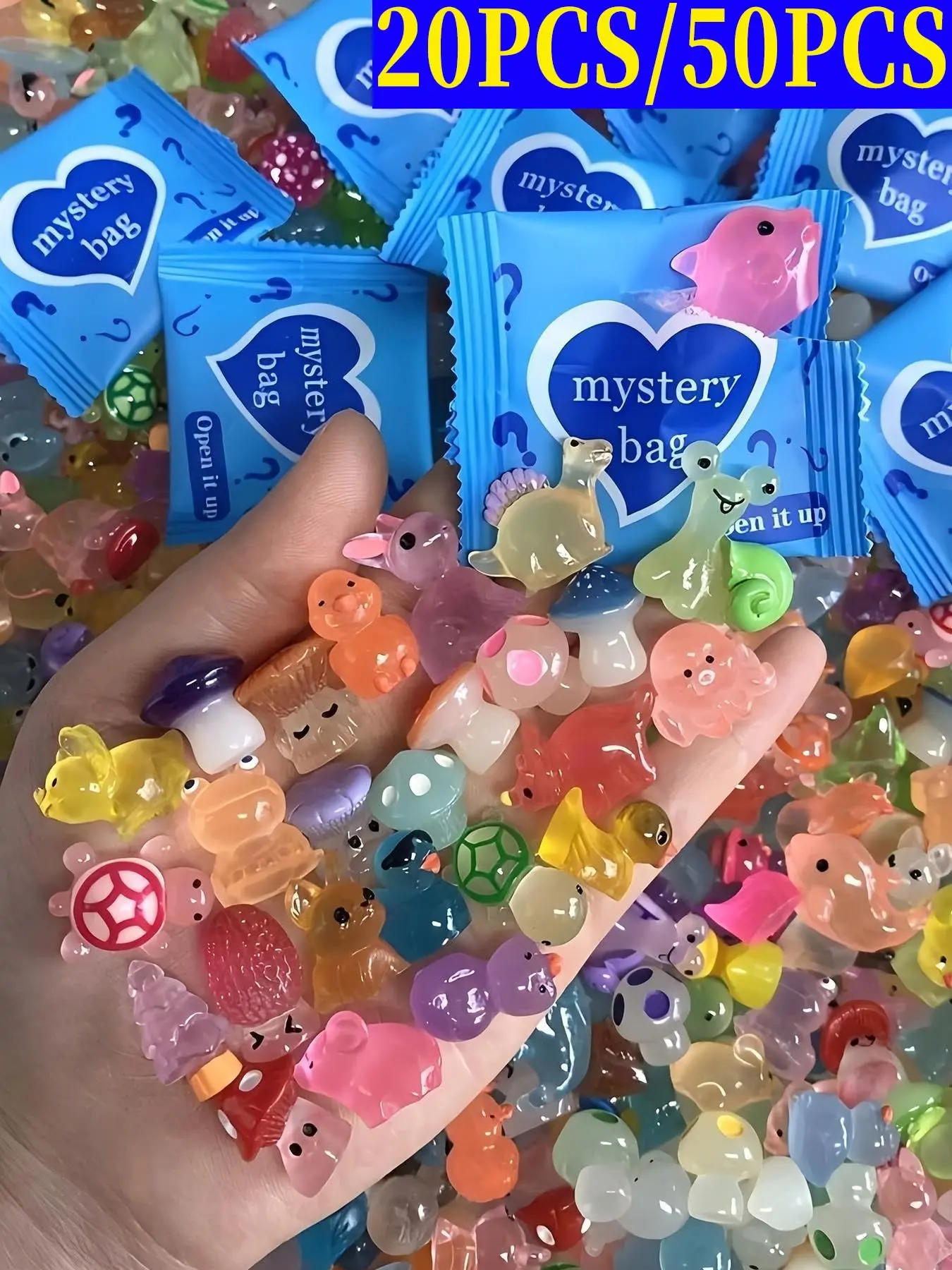 20pcs/50pcs  Mini Glowing Animal Resin Model In The Dark, Magical Surprise Mystery Bag Dollhouse Decoration, Fairy Tale Garden Decoration, Birthday Party Gifts, Handicrafts, Decorations, Resin Animal Sculpture, Set, Decorative Sculptures