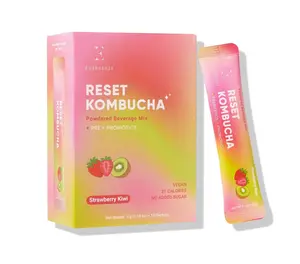 Everydaze Reset Kombucha Tea Powdered Beverage Mix | 10 Sticks | Prebiotics + Probiotics | Vegan | No Added Sugar, Gluten Free, Sparkling Powder Drink Pack (Strawberry Kiwi)