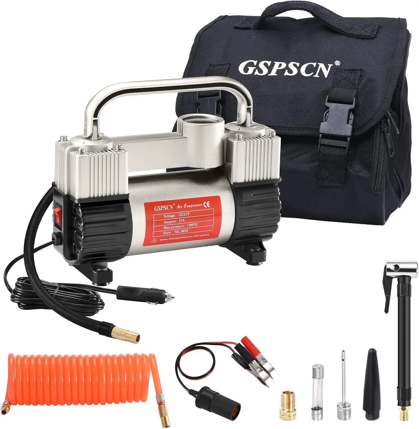 12V Heavy Duty Tire Inflator Metal Portable Air Compressor Pump | 6X Faster Inflation Dual Cylinders 150PSI Air Pump with Adapter for Car, RV,Pickup Truck, SUV, Van,Camper, Air Bed,Ball