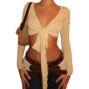 Women's Solid Color Yoga T-Shirt, Front Tie Design, V-Neck Long Sleeve Seamless Sports Crop Top, Suitable for Fitness and Shoulder Shrugging, Daily Wear Deep V Tie Crop Top, Slim Fit Tie Waist Long Sleeve Top, Vintage Style Beige Deep V Tie Top