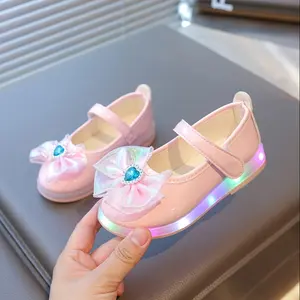 2025 New Style, LED Glowing Mary Shoes Girls, Flat Princess Shoes with Bow And Round Toe Ballet Shoes, Party Single Shoes with Style And Flashing Lights
