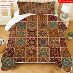 3 pcs, 2D flat print Moroccan bohemian bed cover set with geometric tile pattern, multiple sizes available, bedding set, festive decorative bedding, ideal for bedroom décor(1 bedspread , 2 pillowcase)