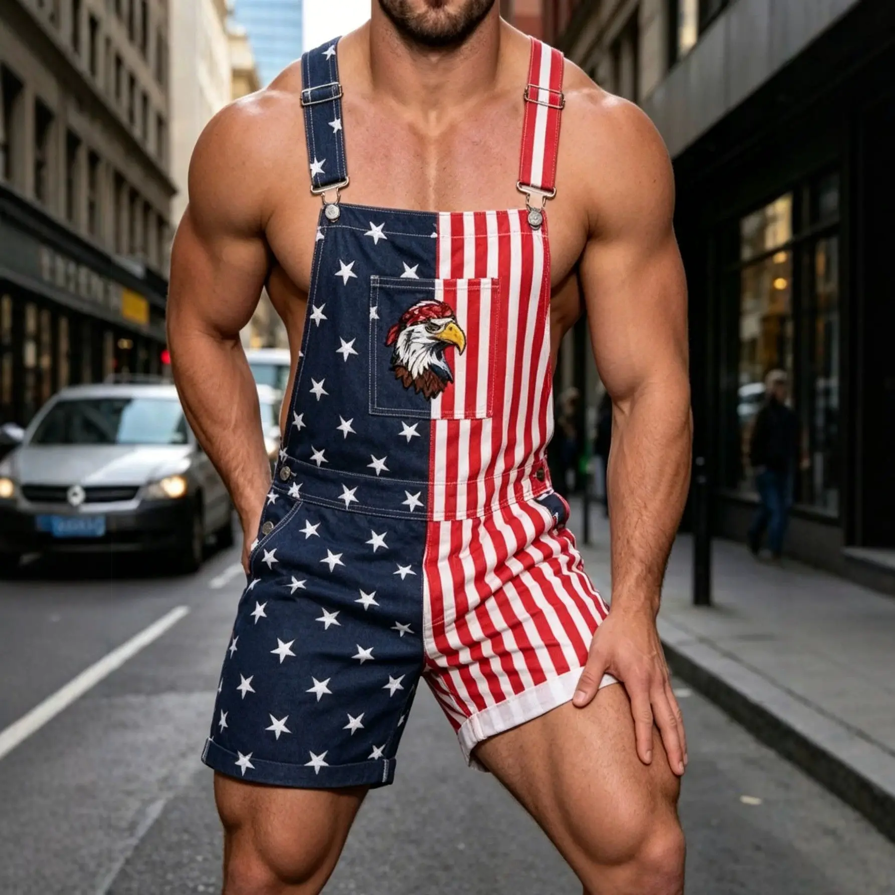 Men's American Flag Star Striped Denim Usa Print Jumpsuit Overalls, Adjustable Shoulder Straps, Large Pockets, Casual Summer, Usa Independence Day Theme, Menswear