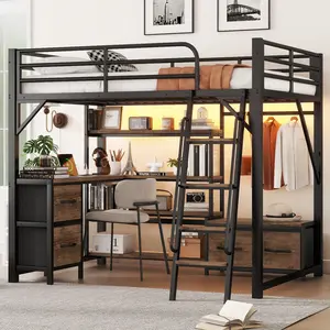 [Bellemave] Full Size Loft Bed with Desk and Storage Drawers, Metal Bed Frame with Light & Charging Station, Safety Guardrail & Handrail Ladder for Boys Girls