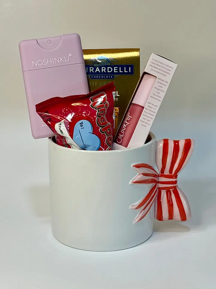 Hug in a Mug - Valentine’s Mini Love Gift Set with Hand Sanitizer Caramel Chocolates ColorPop Liquid Blush & Ring Pop Candy Perfect for Valentine's Day