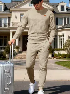 Men's Casual Outdoor Sportswear Set, Sweatsuit Matching Set, Simple Commute Loose Textured Round Neck Sweatshirt, Fall Winter Fashion, Comfortable Knitwear
