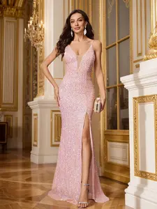 Women's Sequined Deep V High Slit Long Dress, Elegant Sexy Luxurious, Perfect for Evening Parties, Carpet, Formal Social Events, Date Night Dresses