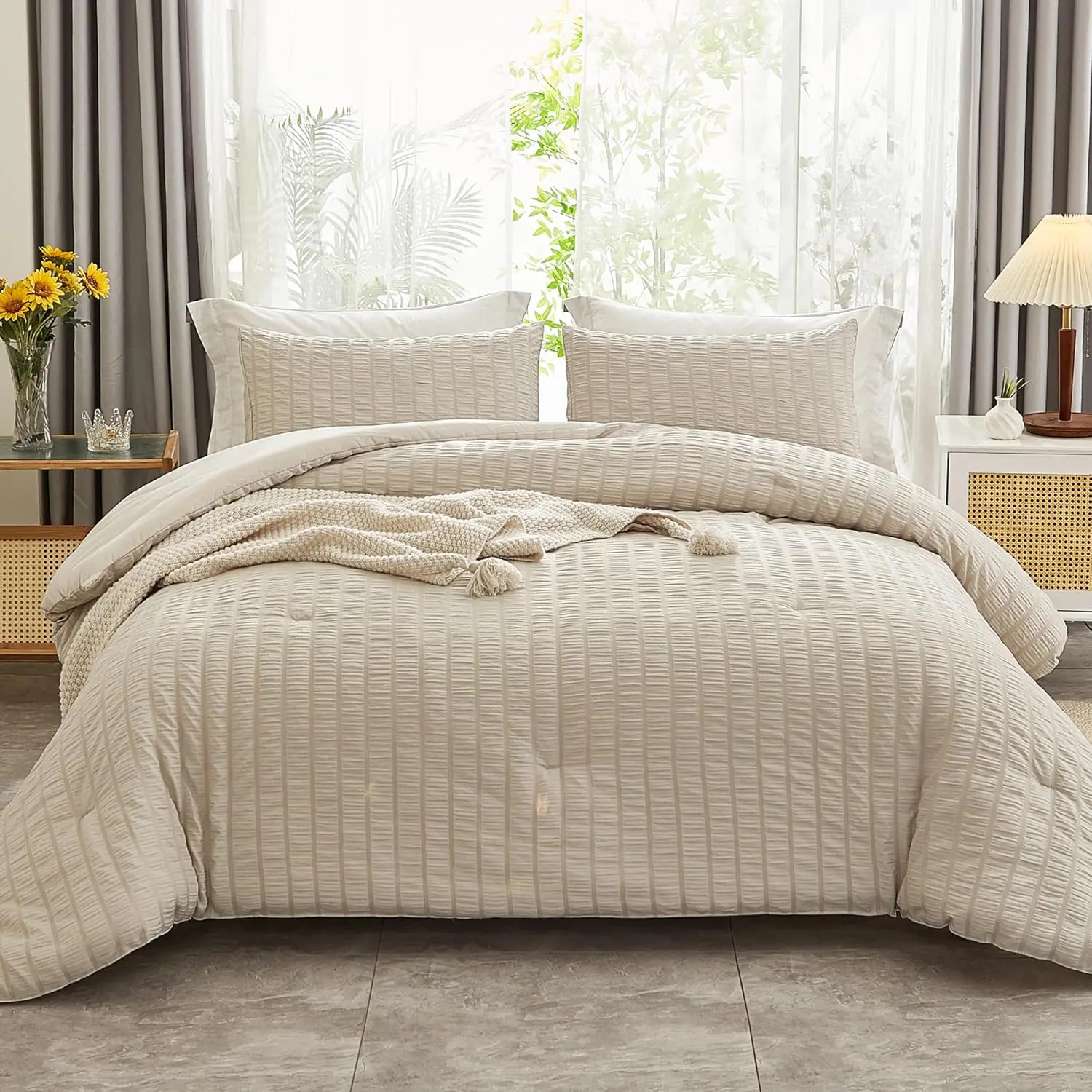 Beige Seersucker Cal-King Size 3-Piece Bedding Set - 104x96 in Breathable All Seasons 100% Washed Microfiber Lightweight Down Alternative Comforter with 2 Pillowcases, Durable, Machine Washable