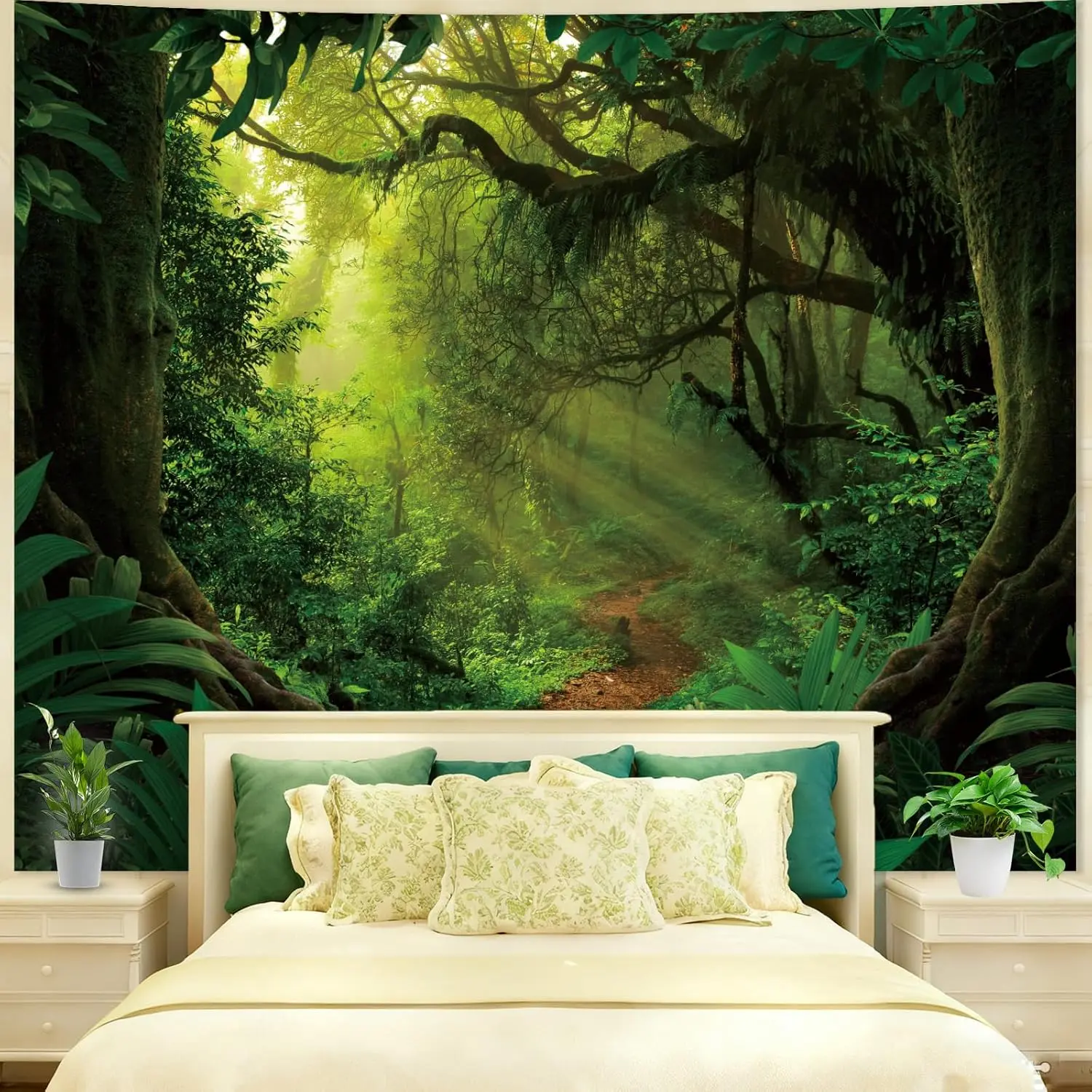 Green Forest Tree Cave Print Linen Tapestry - 80"x60" Nature Home Supplies, Classic Geometric Wall Hanging Backdrop with Landscape & Animal Romance, Machine Washable Indoor/Outdoor Decor for Bedroom, Living Room, Music Festival, Animals, Hanging Mount