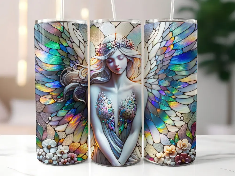Angel Stained Glass 20 oz Skinny Tumbler Sublimation Straight 20oz Angel Tumbler Stained Glass Tumbler
