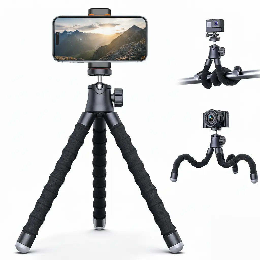 Lentok Compact Flexible Octopus Tripod Stand with Grip, Clip, Adjustable Holder, Cold Shoe Mount, Lights - Portable Smartphone & Camera Accessory for Vlogging, Recording, Travel
