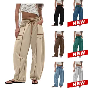 Women's Barrel Sweatpants High Waisted Wide Leg Pants Drawstring Athletic Baggy Pants Lounge Sweats Colorblock Soft Fabric Comfortable Fit True to Size Vogue Design Basic Minimalist Bottom with Pockets