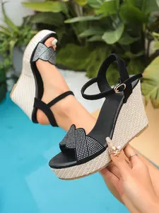 Women's Black Suede Espadrille Wedge Sandals with Wave Rhinestone Decor, Resort Glam-Chic Style, Adjustable Ankle Strap, Open Toe, Perfect for Vacation & Party Outfits #EspadrilleWedgeSandals, #RhinestoneResortShoes, #GlamChicVacation