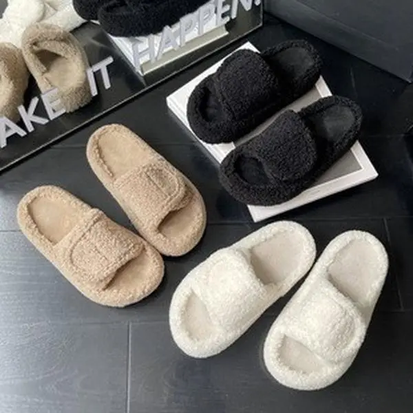 Women's Korean Minimalist Cotton Plush Slippers - Open-Toe Adjustable Hook-and-Loop Strap, Cozy Comfortable Soft Fluffy Footwear, Non-Slip Rubber Sole for Indoor/Outdoor Casual Wear, All-Season Ankle Slip-On, Slippers For Women