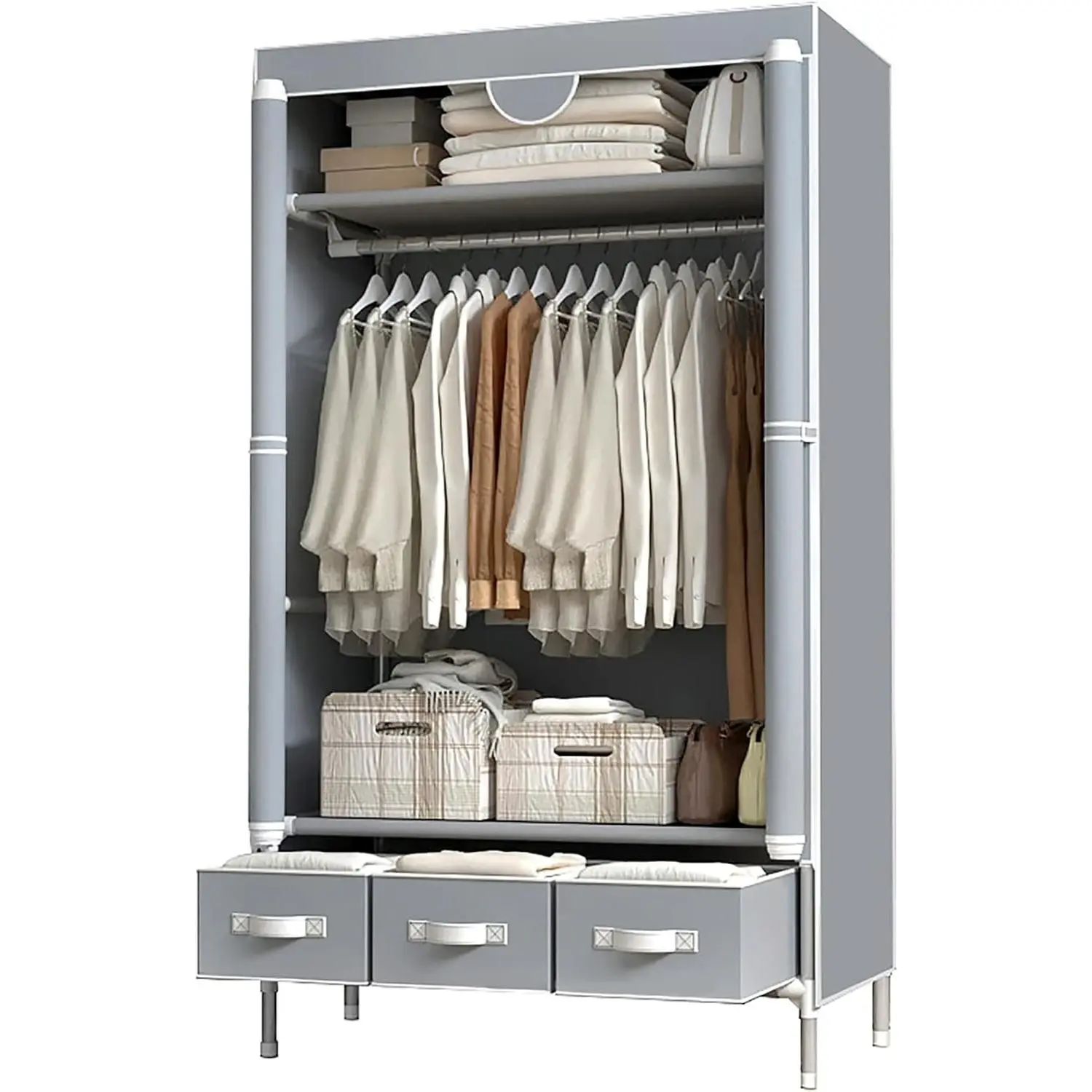 Portable Rolling Door Clothes Closet Wardrobe with Hanging Rack, Non-Woven Fabric Storage Organizer with Three Drawer Boxes, No-Tool Assembly, Gray, Size 35.4 x 17.7 x 67.0 Inches