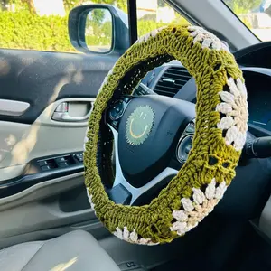 Flower Pattern Car Steering Wheel Cover, Fashion Knitted Car Steering Wheel Protector, Universal Elastic Car Steering Wheel & Seat Belt Shoulder Cover Kit, Car Interior Decoration