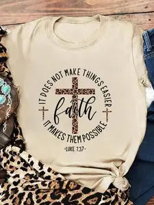 Women's Letter Print Round Neck Tee, Fashion Casual Cross Graphic Crew Neck T-Shirt for Daily Holiday Outdoor Wear, Ladies Clothes for Summer