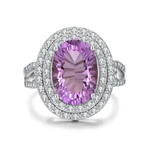 【#103】RTT Fashion 925 Sterling Silver Amethyst and Cubic Zirconia Halo Ring – Oval Cut Purple Stone with Double Halo, White Gold Plated | Elegant Cocktail Ring for Women