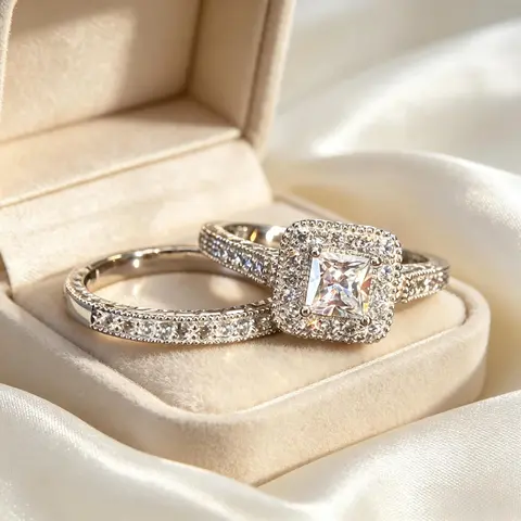 Women's 2-Piece Princess-Cut Ring Set - Elegant Rhinestone Ring, Geometric Light Luxury Combined Setting Synthetic Stone Band, Metal-Coated Costume Jewelry for Wedding, Retro Dress Accessories