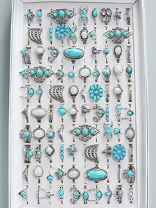 Random Turquoise Texture Ring Set, Boho Style Jewelry for Women & Girls, Trendy All-match & Exquisite Jewelry for Birthday Gift