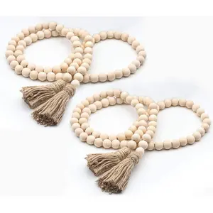 58 Inches Wood Bead Garland,Wooden Beads with Tassel,Farmhouse Beads Rustic Prayer Beads Boho Beads for Farmhouse Tiered Tray Coffee Table Mantel Decor (2 Pack)